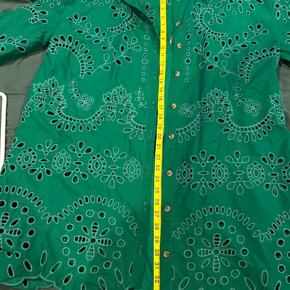 Anthropologie Emerald Green Eyelet Button-Front Long Sleeve Dress - Picture 8 of 9